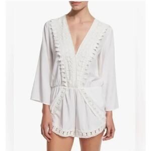 La Blanca White Crochet Lace Trim Romper Swim Coverup // L